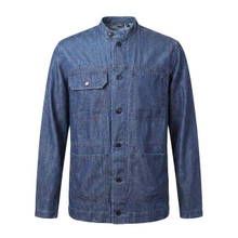 Men's Stand Collar Cotton Denim Solid Color Long Sleeve Cargo Shirt