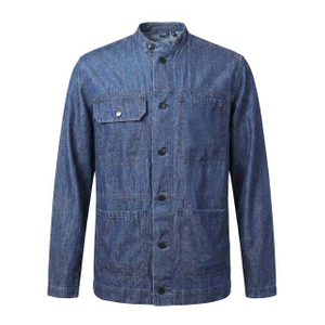 Men's Stand Collar Cotton Denim Solid Color Long Sleeve Cargo Shirt