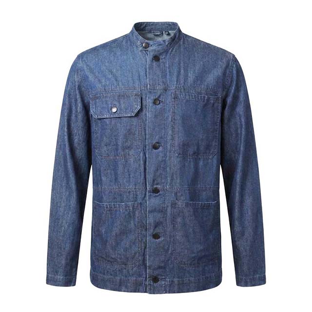 Men's Stand Collar Cotton Denim Solid Color Long Sleeve Cargo Shirt