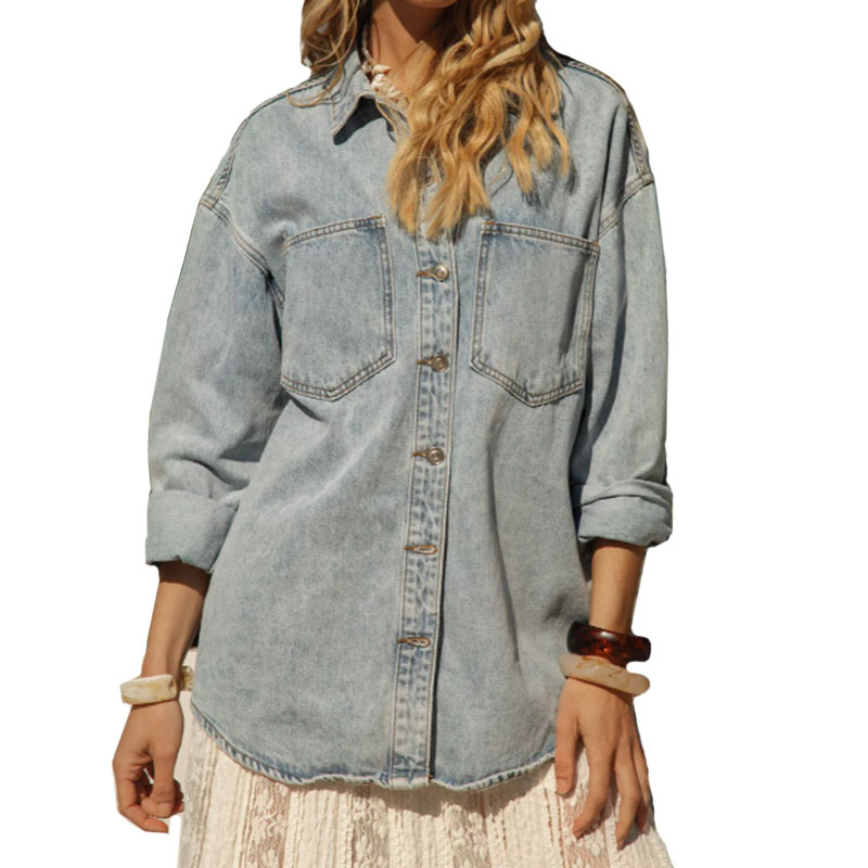 Women Distressed Retro Wash Over Size Long Sleeve Jacket Denim Clothing Shirt