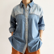 Women's Vintage Customized Embroidery Loose Fit Long Sleeve Casual Denim Button Shirt