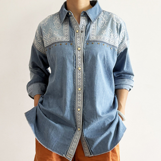 Women's Vintage Customized Embroidery Loose Fit Long Sleeve Casual Denim Button Shirt