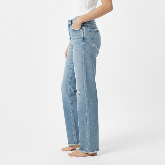 High Waist Light Blue Wash Ripped Straight Leg Women's Denim Jeans